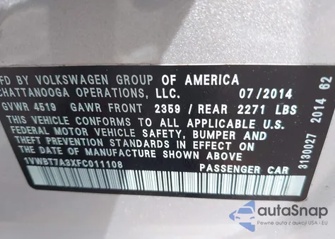 2015 Volkswagen Passat 1.8T Se из США, поврежденный, VIN 1VWBT7A3XFC011108